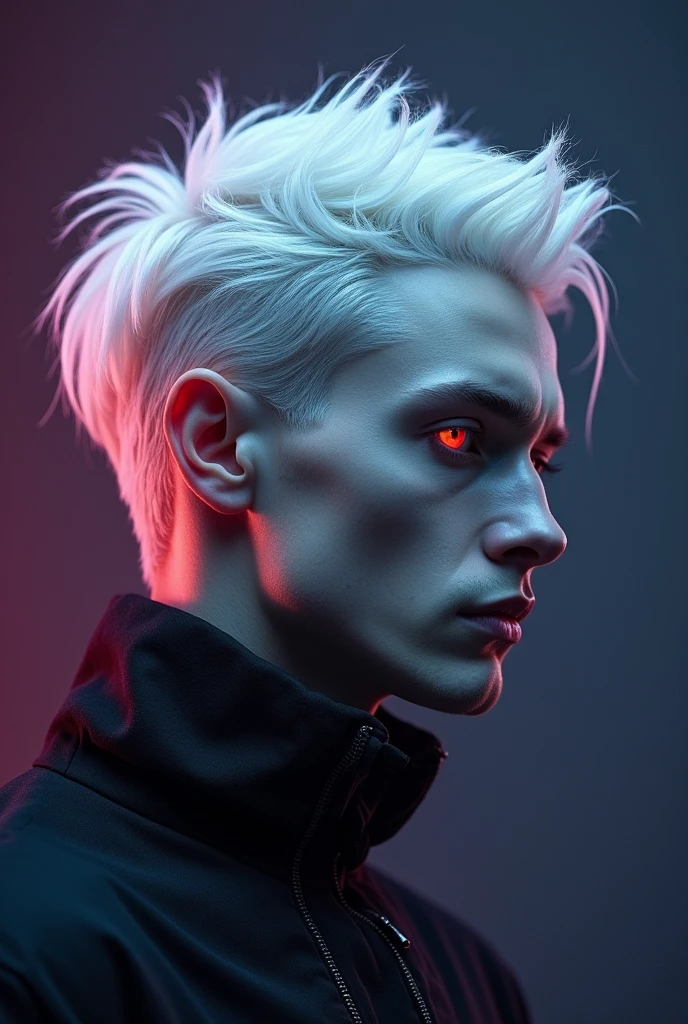 Profile of an albino man, Platinum white hair, red eyes with completely black sclera, MALE handsome face