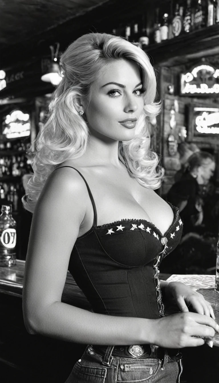 An ultra beautiful European woman with small breaths, age 23. She’s a playmate, men magazine model. Random hair color. Dressed like a cowboy bounty hunter.,Inside the bar,30&3:9’s black and white wester film,nostalgia,