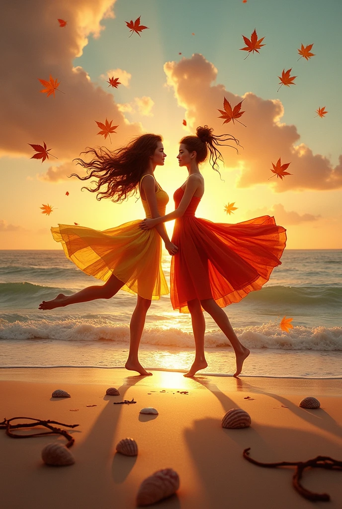 a romantic couple of AUTUMN Leaves are dancing on beach