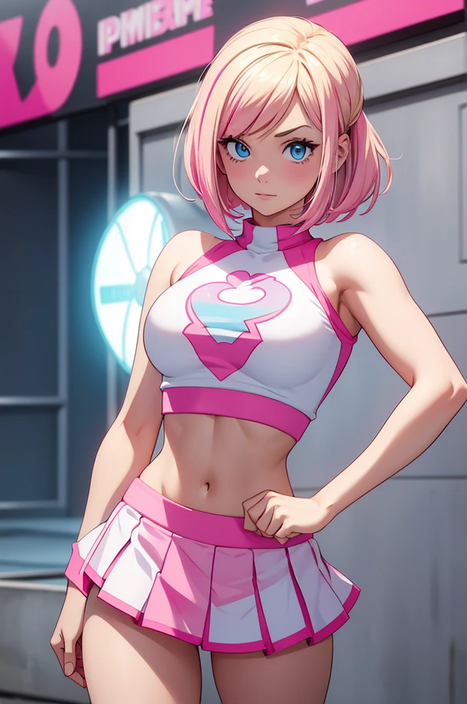 masterpiece, Best Quality, High resolution, 1 girl, Alone, superhero, bare legs, matching boots, sleeveless, looking at the viewer, light particles, city backdrop, perfect hands, Perfect eyes, very short skirt perfect legs, perfect arms, perfect fingers, medium breasts, translucent shirt, visible nipples, standing, by rubio, by the wide, knee high boots, blue eyes, heart cutout, beautiful face, loose hair, hits, sleeveless, pink gloves, pink shoes, neckline trimming, Without trousers, Shaved vagina, insert a finger into his anus