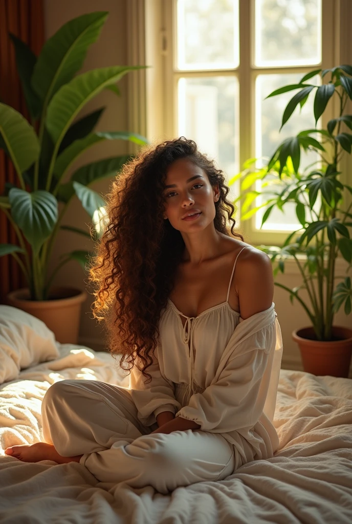 (photorealism:1.2), beautiful woman, sitting on bed, wearing loose off-shoulder top, pajama pants, long curly hair, indoors, soft lighting, plants in background, window with sunlight, cozy room, relaxed pose, realistic, intricate details, warm colors, by Greg Rutkowski, by Alphonse Mucha
