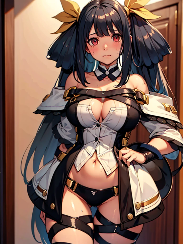 (​masterpiece、top-quality、hight resolution、Unity 8k、extremely details CG:1,Best Picture), nakoruru, black hair, A woman dressed in a cosplay outfit, suddenly realizing that it's more revealing than she expected. She has a surprised and slightly embarrassed expression on her face, with wide eyes and a slight blush on her cheeks. Her body language shows hesitation, maybe with one hand awkwardly trying to cover up or pulling at the costume to adjust it. The overall mood is a mix of regret and self-consciousness, as she thinks, "Oh no, I shouldn't have agreed to this so quickly!" hair ribbon, detached sleeves, underwear, thighhighs, thigh strap, choker, belt, tail, tail ornament, bare shoulders, navel, hotel room, sweat