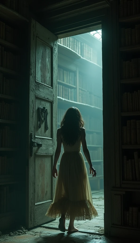 ""Emily is standing near the exit of the library, her face filled with panic as she desperately tries to open a door that won’t budge. The library behind her is now engulfed in darkness, with only her silhouette and the door illuminated. From the shadows, the faint outline of a woman in a tattered, old-fashioned gown approaches, her hollow eyes barely visible but terrifying."