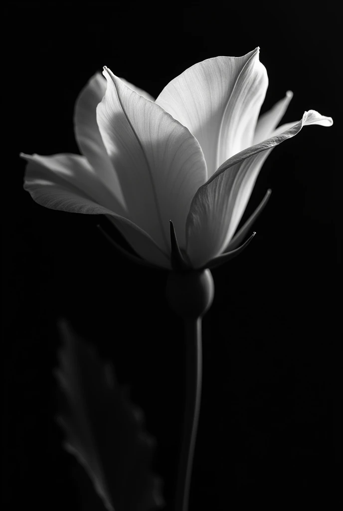 A highly detailed and realistic black and white portrait of a beautiful flower, (best quality,8k,ultra-detailed,masterpiece:1.2),photorealistic,sharp focus,physically-based rendering,professional,dramatic lighting,moody atmosphere,minimalist background