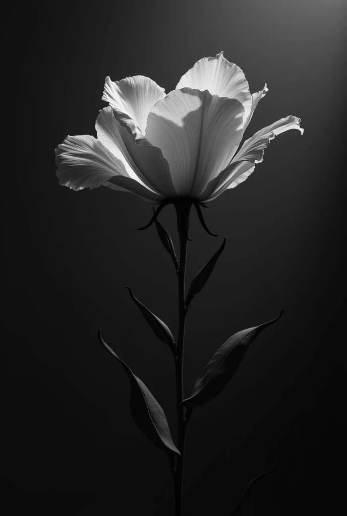A highly detailed and realistic black and white portrait of a beautiful flower, (best quality,8k,ultra-detailed,masterpiece:1.2),photorealistic,sharp focus,physically-based rendering,professional,dramatic lighting,moody atmosphere,minimalist background