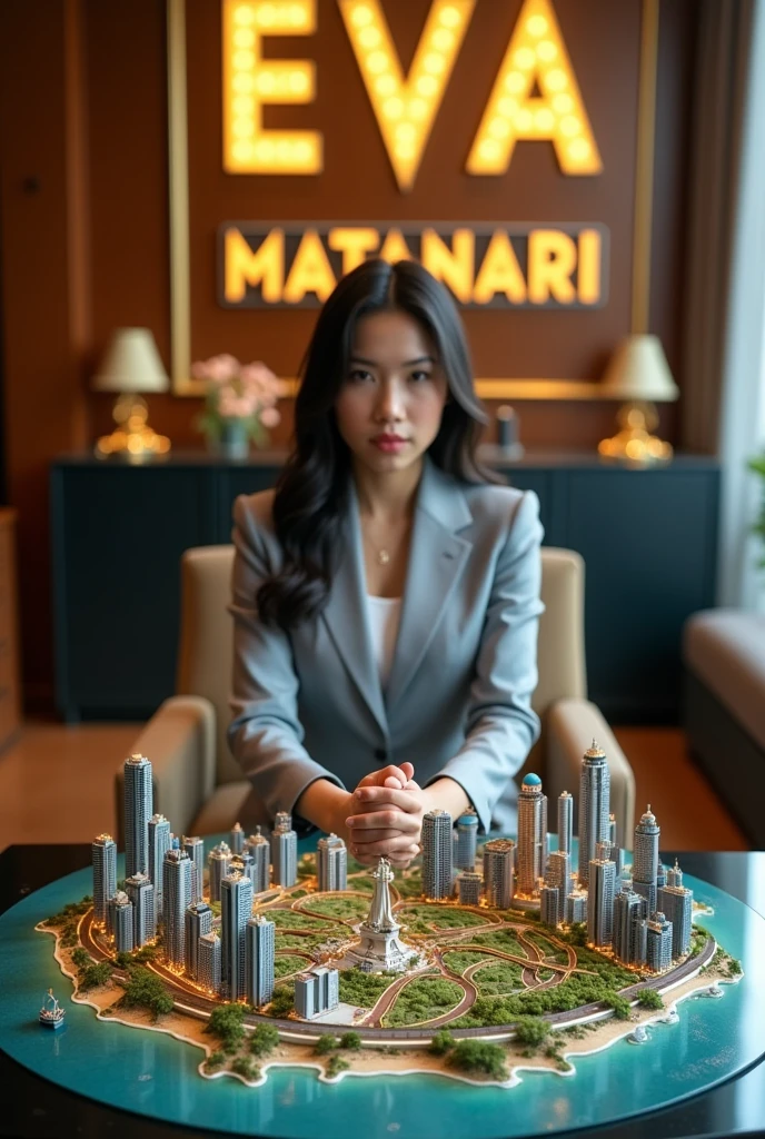 a beautiful Indonesian girl, wearing a light gray suit, is sitting in an office room and there is a large miniature city on the table, a miniature city complete with tall buildings and roads forming a circle and a statue of a knight on horseback, visible industrial factory, there is a small sea around it, a sign that spells "EVA MATANARI", yellow LED light, background in a luxury office room