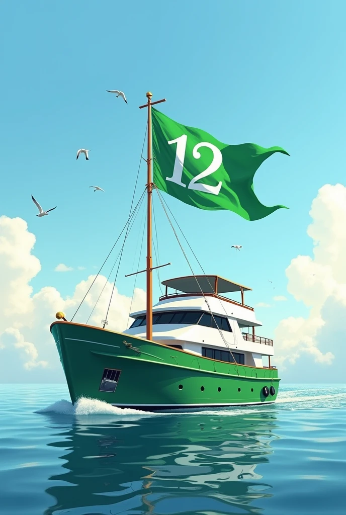 A large green and white boat with a green flag and the number 12 printed on the flag. 