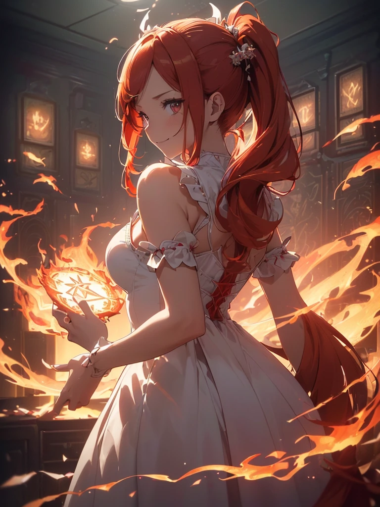 (((best quality, sharp image, clear image, cinematic lighting, 8k resolution, masterpiece, ultra detailed, intricate))) Girl, (((looking over left shoulder))), (shot from behind), ((half shot)), fiery red hair, pigtails, ((white dress)), ((flaming sigils, flaming runes)), spiky rock formations, (flaming lotus flowers frame), (intricate background), ((Phoenix)), (swirling flames), smiling