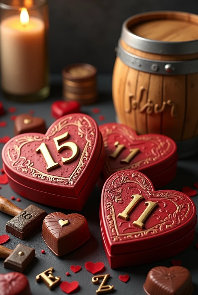 Make an image with a love and Warcraft theme that has the text: "15" in Spanish. That they look like heart-shaped boxes of chocolates, custody, keg of beer, letters and weapons/ hachas that represent World of Warcraft