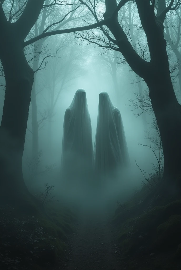 Ghostly, ethereal figures standing in the dense fog of a dark forest. The figures are barely visible, almost blending into the mist, with indistinct features that make them appear both human and otherworldly. Their forms are elongated and blurred, as if they are part of the mist itself. The background is filled with dark, twisted trees, and the ground is covered in thick, swirling fog. The overall atmosphere is eerie and unsettling, with a strong sense of the supernatural. Art style: gothic, with a focus on creating a haunting and mysterious mood.