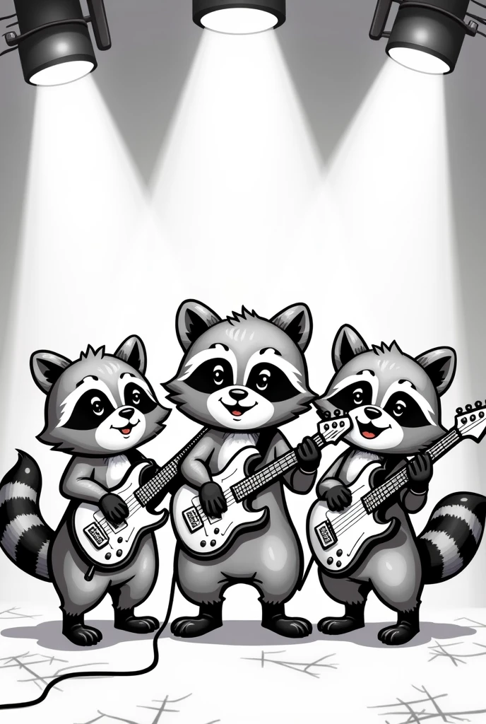 A cartoon image that could be used for a black and white tattoo without many details of a band of five cute rocker raccoons with two guitarists, a bassist, a vocalist, and a drummer performing a show.