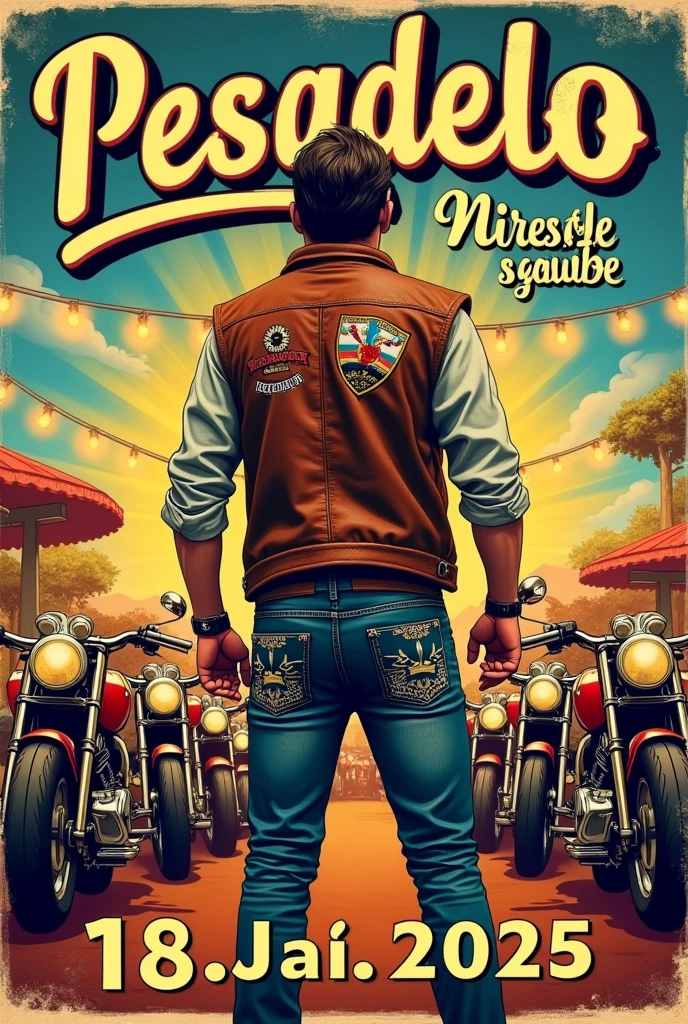 Vintage motorcycle event poster, written in Portuguese: 10th Anniversary of Pesadelo Motoclube January 18, 2025, Motorcyclist with a motorcycle club vest, jeans with white embroidery at a festival, Motorcycles and beers, BBQ
