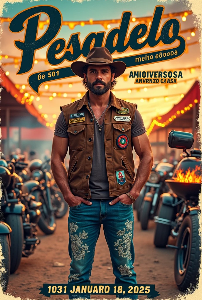 Vintage motorcycle event poster, written in Portuguese: 10th Anniversary of Pesadelo Motoclube January 18, 2025, Motorcyclist with a motorcycle club vest, jeans with white embroidery at a festival, Motorcycles and beers, BBQ