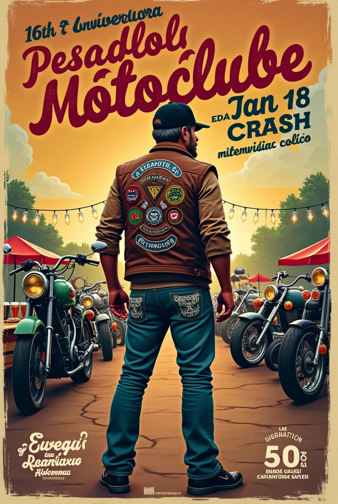 Vintage motorcycle event poster, written in Portuguese: 10th Anniversary of Pesadelo Motoclube January 18, 2025, Motorcyclist with a motorcycle club vest, jeans with white embroidery at a festival, Motorcycles and beers, BBQ