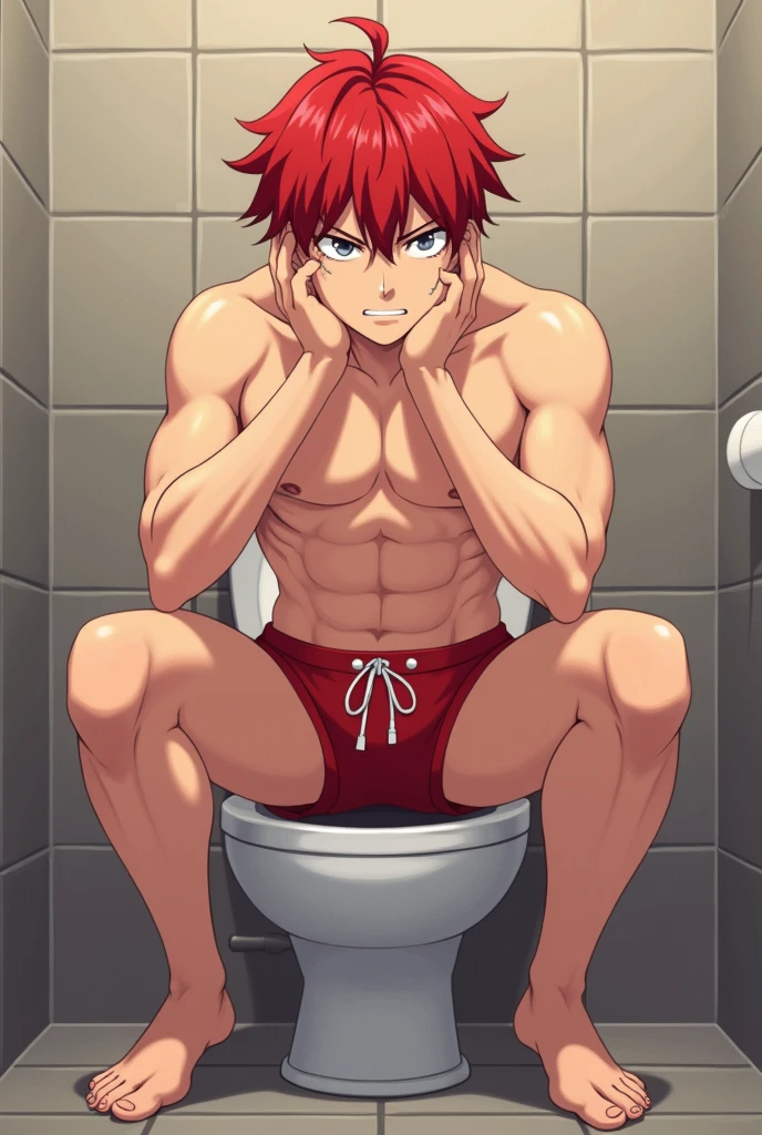 Handsome anime boy, wearing red underwear, with red hair, face desperate because he doing scat on his ass, and squat on toilet