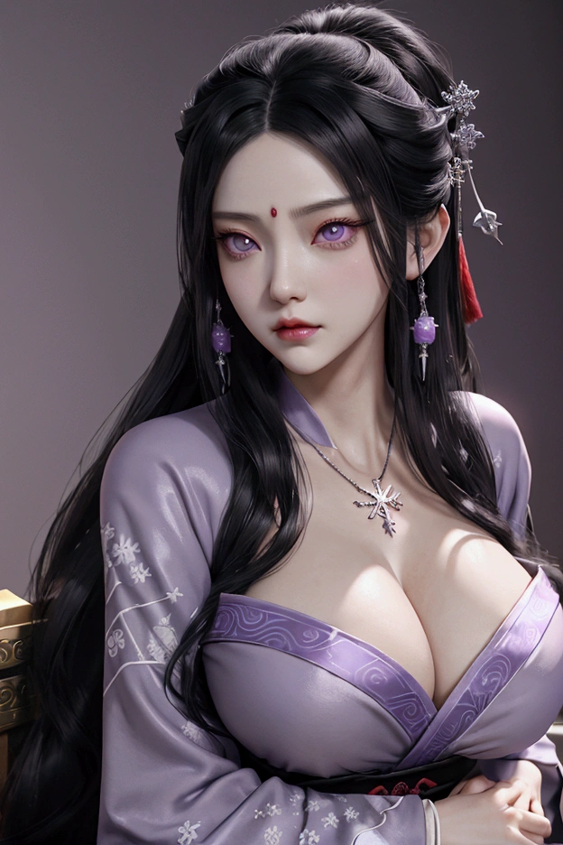 evil anime human woman. half-up long black hair. fair skin. purple eyes. gigantic boobs. Wuxia clothes. snowflake necklace. mauve smirking lips. Realism style. 3D anime model style. CGI animation. Wuxia style.