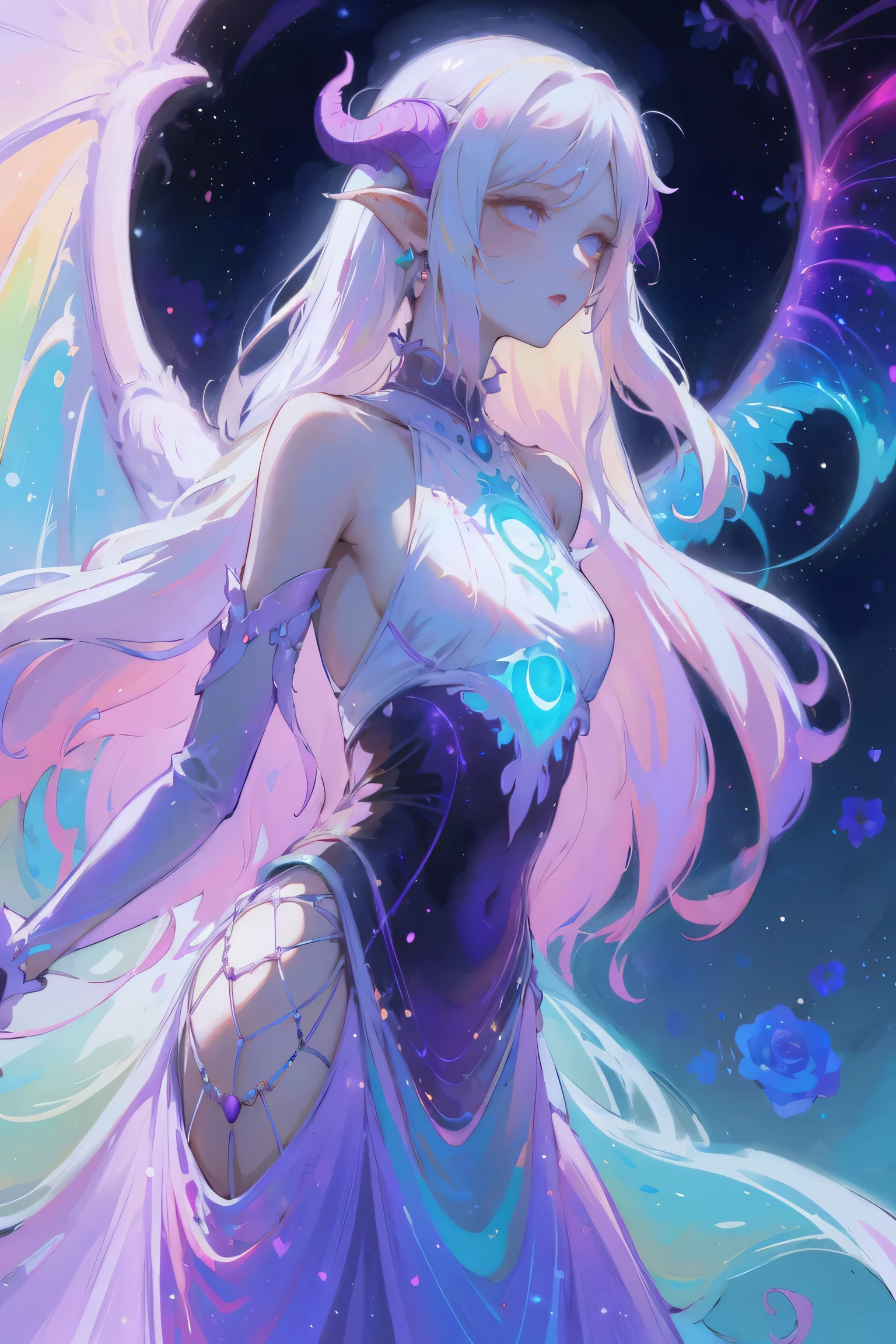 Разработано nty, woman, solo, 8 K, Hyper HD, An albino demon girl stands, shot from afar, ( long white hair:1.3) , A purple rose bush, (Bioluminescent dress with rainbow gradient), Blue turtleneck sweater with a tulle skirt, wink ,(long and complex horns:1.2), White background, Multi-colored clothes, complex parts