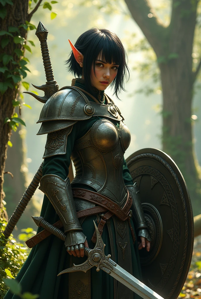 Elfa warrior with short black hair
Wearing a kite shield and a sword