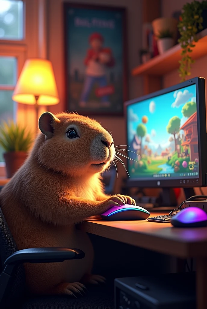 A realistic capybara playing on its gaming PC. The computer is wrong, correct isso. The capybara needs to hold the Mouse correctly
The capybara has to hold the mouse, correct!