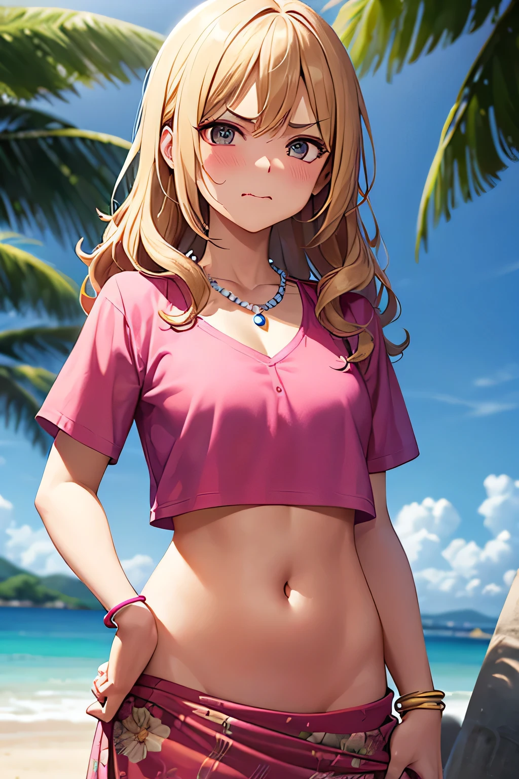 super fine illustration, vibrant colors, masterpiece, sharp focus, best quality, depth of field, cinematic lighting, ultra detailed, crop top, short sleeves, navel, belly button, tummy, 1 woman, solo, milf, slender, blush, annoyed, mature female, tall woman, looking down, v-shaped eyebrows, dark hair, holding purse, long hair, embarrassed, low rise, curly hair, floral sarong, model pose, wavy mouth, swirly eyes, small breasts, pink shirt, bangle, pearl necklace, beach