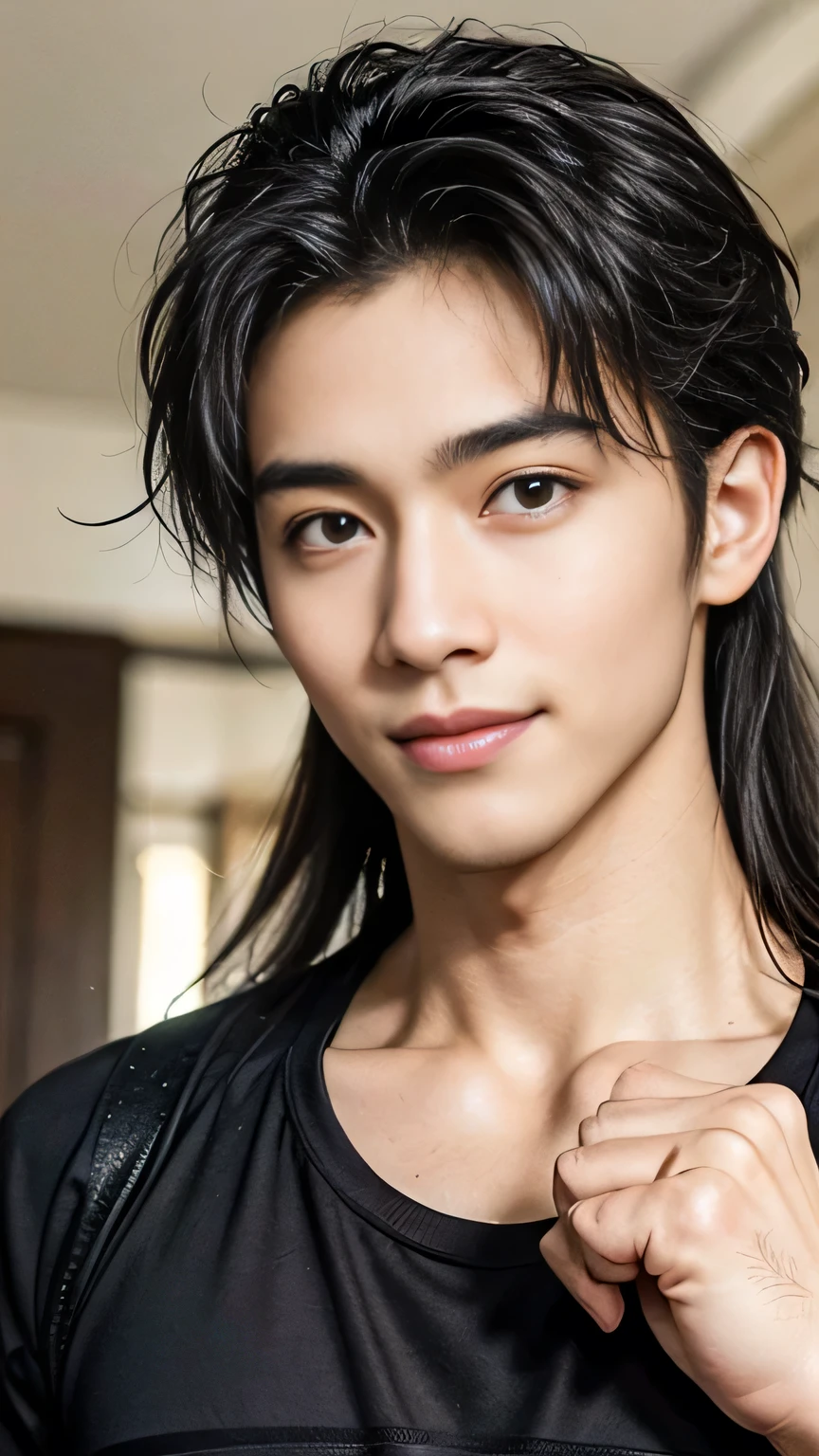 masterpiece, Highest quality, figure, Very detailed, In detail, High resolution, 8k wallpaper, Perfect dynamic composition, Beautiful Men、Super handsome、Beautiful attention to detail , Big eyes、Open the mouse, Sexy Face,A face of ecstasy,The face at the peak of sexual arousal, View your viewers, Childish and innocent expression、((smile))、((Australian/Japanese mix))、((super good looking guy ))、The skin is fine and smooth、No beard、((A beautiful face with a straight nose))、((Long hair like a rock star))、Thin but muscular、((Wearing a black T-shirt))