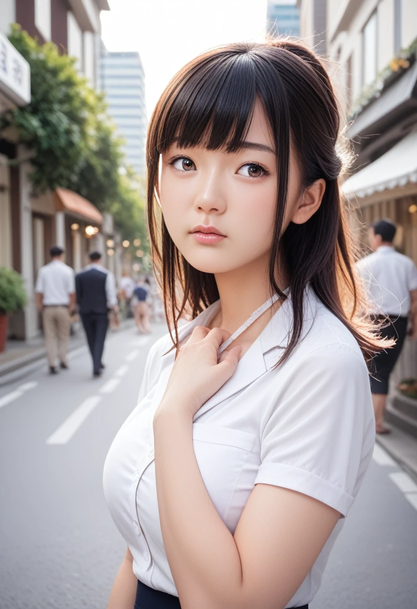 8k, raw photo, best quality, masterpiece, realistic, photo realistic, clear, professional lighting, beautiful face, best quality,ultra high res, realistic japanese beautiful, Super detailed, detailed fingers, solo, 1girl, bangs, shiny hair, detailed hair, medium breasts, curvy, scenery, casual wear, tokyo town, frustrated