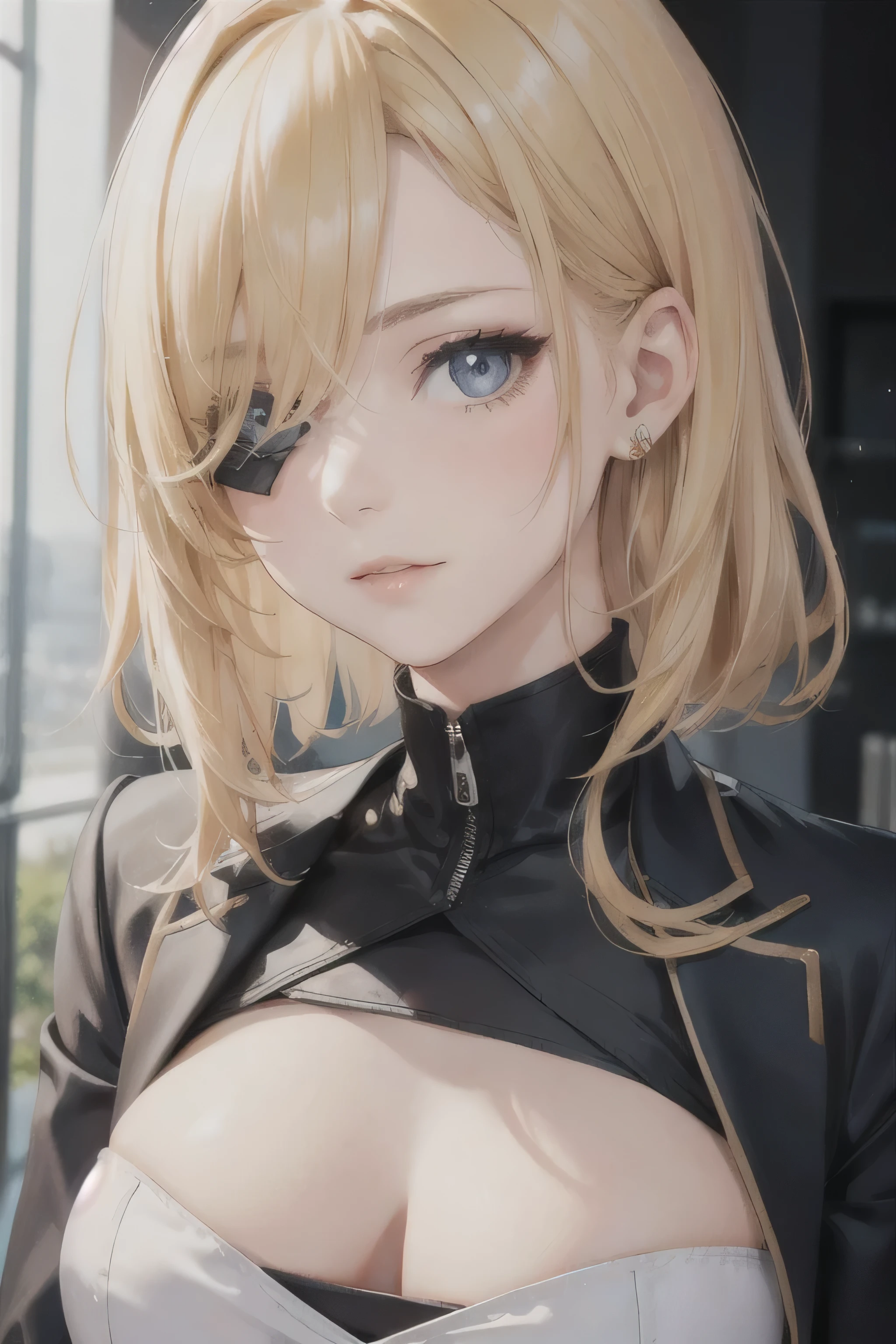 portrait of european girl,solo,20yo,beautiful face,uppser body,hair over one eye,medium sidecut, blonde hair, sharp focus,black business suit