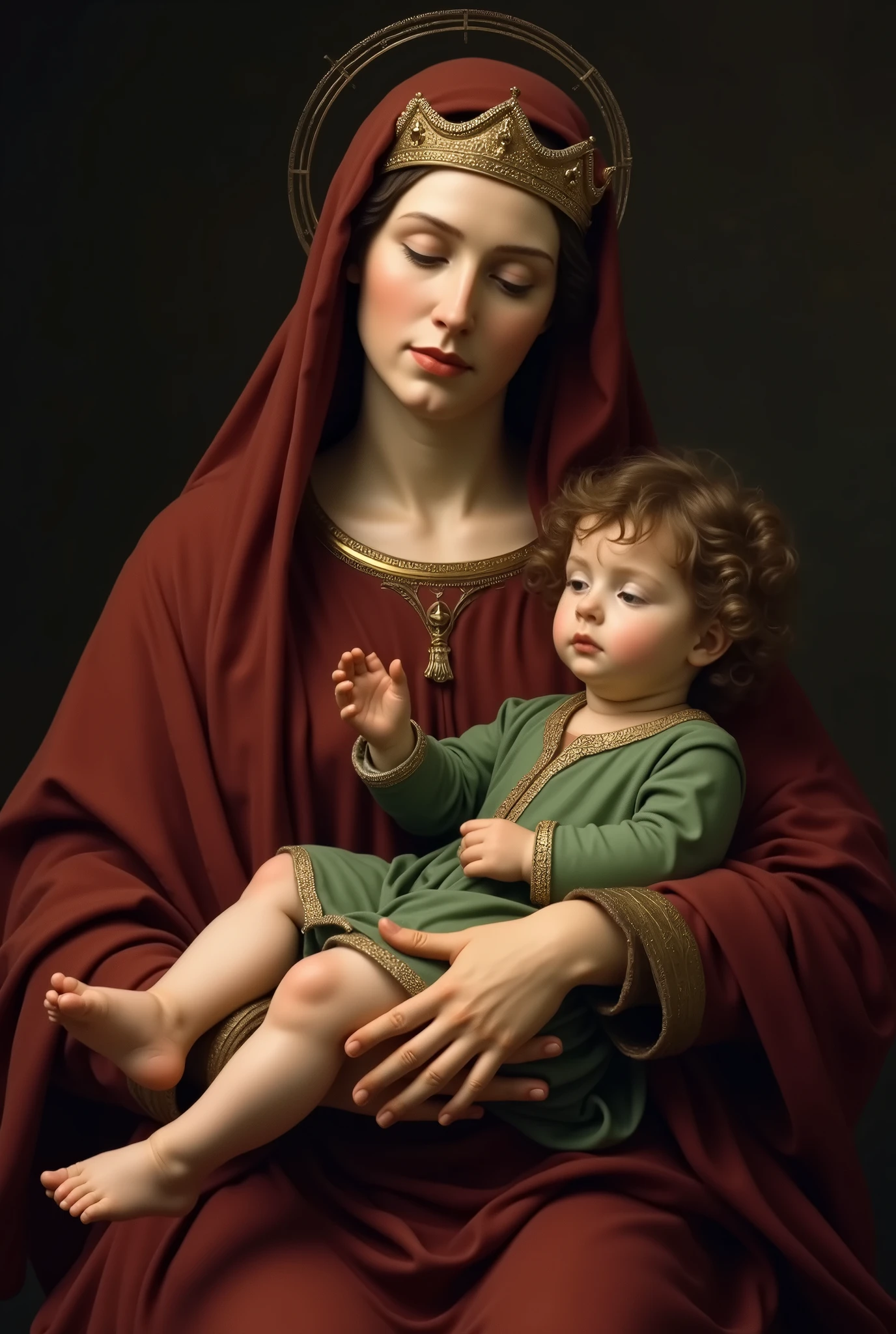 Virgin Mary, a 40-year-old woman wearing a maroon tunic with a crown on her head, carrying a  in a green tunic., The boy wears a crown on his head, child's brown hair, the image that is seen from the front and that shows the feet, no image background