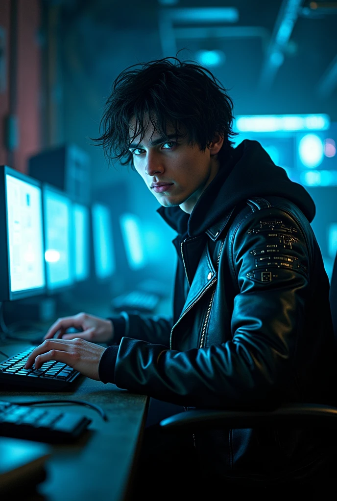 The character, a handsome hacker, is a human survivor of a cyber experiment.