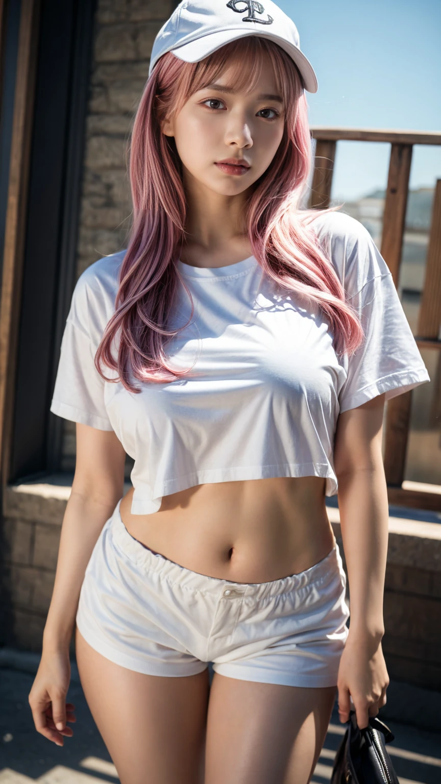 21yo girl,pink hair,long hair, wearing oversize white t-shirt, shorts, wearing a baseball cap, natural big breast, show big thigh, plump body, single sidelock hairpin blush modern cinematic lighting,ray tracing,drop shadow wide shot UHD,textured skin,high details,best quality 4K, (from below:1.2), (realistic:1.1), (surreal:1.2), (very detailed:1.1)
