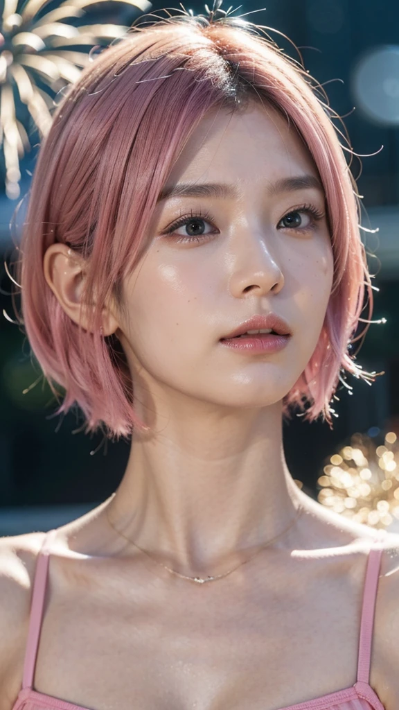 Model actress、One Woman、cool、Japanese and half European、Close-up of face、30 generation beauty、Realistic Skin、4K images、bright pink hair、Short Hair、The background is fireworks