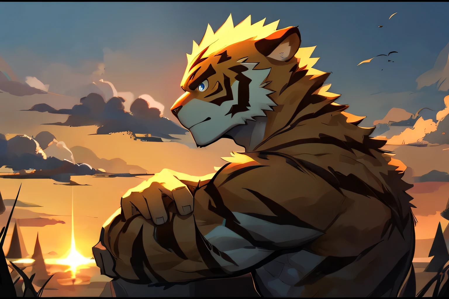 8k wallpaper，illustration，masterpiece，best quality，Tiger Boys，Muscle Man，Strong body，Blue Eyes，avatar，Half-length photo，Profile，Soft lighting，In the sunset，Solo。