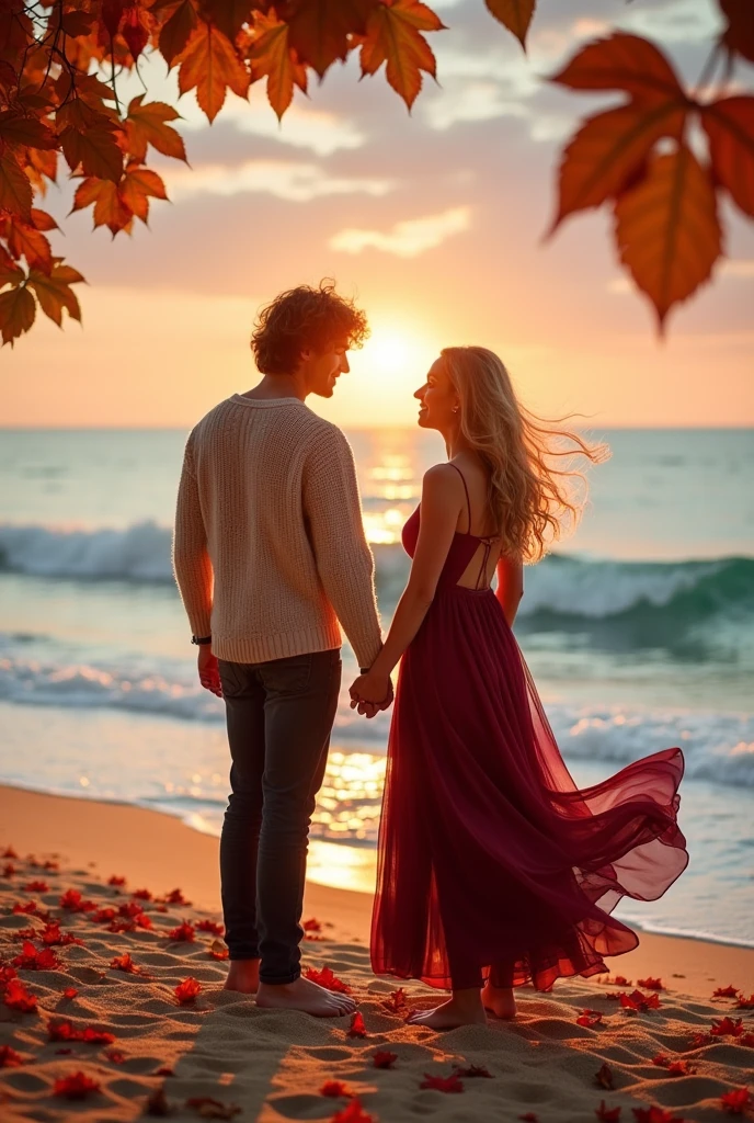 8k,a romantic couple of AUTUMN Leaves are dancing on beach 