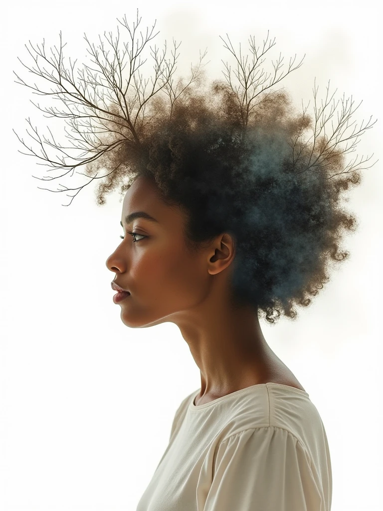 Double exposure watercolor art image featuring a side profile of a beautiful woman with medium brown skin and curly hair. The overlay consists of numerous thin, leafless branches extending from the back of her head, creating an artistic and surreal effect. The background is a clean, white space, which emphasizes the contrast between the woman's profile and the intricate network of branches. The woman's facial features are calm and serene, with a slight upward tilt of her chin, giving a sense of contemplation or introspection. The overall composition blends natural elements with human form, creating a visually striking and thought-provoking image.
