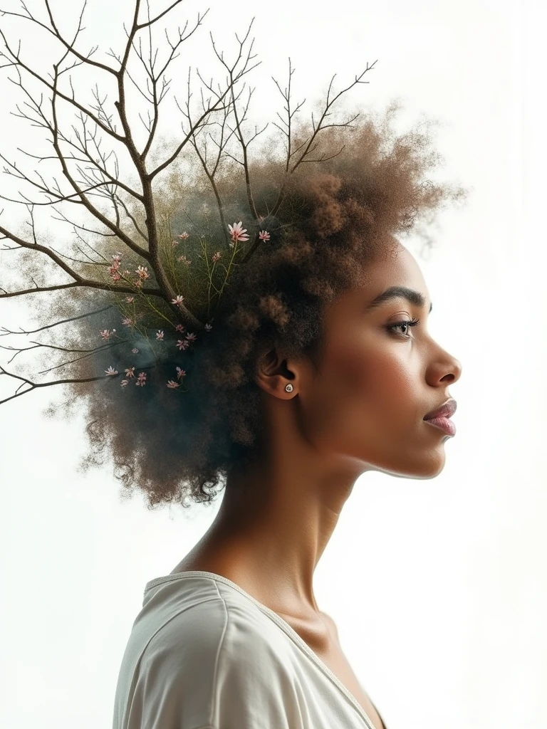 Double exposure watercolor art image featuring a side profile of a beautiful woman with medium brown skin and curly hair. The overlay consists of numerous thin, leafless branches extending from the back of her head, creating an artistic and surreal effect. The background is a clean, white space, which emphasizes the contrast between the woman's profile and the intricate network of branches. The woman's facial features are calm and serene, with a slight upward tilt of her chin, giving a sense of contemplation or introspection. The overall composition blends natural elements with human form, creating a visually striking and thought-provoking image.