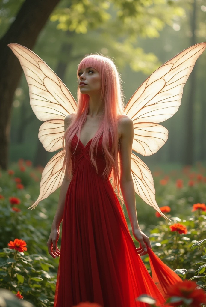A beautiful woman with large, white wings on her chest Pink Hair Long, blunt hair
Yellow, large eyes Red dress Fairy ears