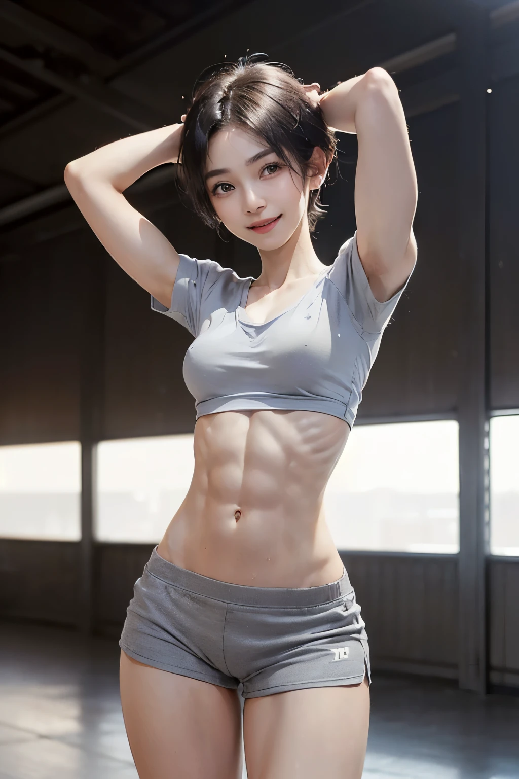 (((18 year old boyish Japanese girl with very small breasts:1.3, (((A short-sleeved t-shirt that fits tightly to a very small bust.:1.23,Short grey sweat shorts:1.22))), ((Highest quality, 8k, masterpiece: 1.3)), Sharp, clear focus: 1.2,(simple, Symmetrical and beautiful Ulzzang makeup:1.2),((Beautiful smile:1.3)),(Highly detailed face and white skin texture:1.2), ((Very short, boyish short cut:1.23))fine dark brown eyes,((Central composition:1.5,Frontal close-up shot of the upper body:1.48,Stand with arms raised 1.3)), (Beautiful interior with natural light:1.2),((Very small breasts:1.97)),(Muscular and lean build:1.5),(muscular limbs:1.3),(Broad shoulders:1.34),((Fine abdominal muscles:1.7)),(quite thin thighs:1.3),((Very short and thin body:1.4)),(toned little buttocks:1.31),(Central composition:1.4)