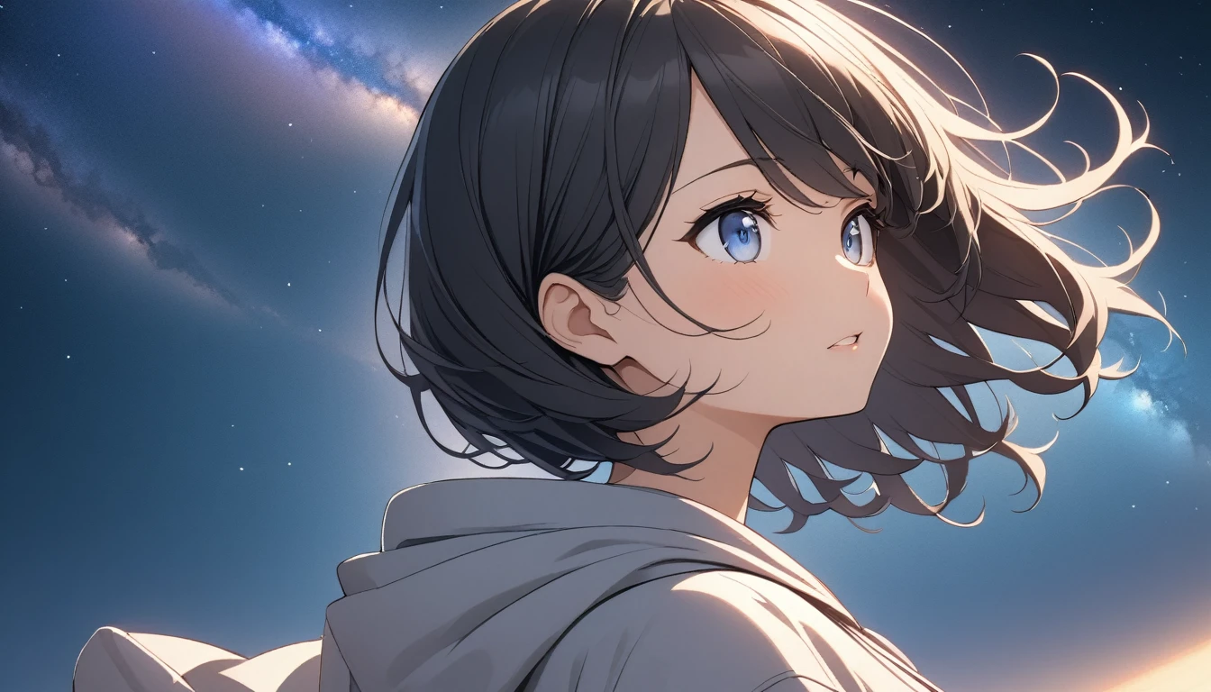 Starry Sky、milky way、A woman at the center、Black Hair、Short Hair、Hair blowing in the wind、Blue Eyes、Wearing a hoodie、Back view、Upper Body、Low - Angle