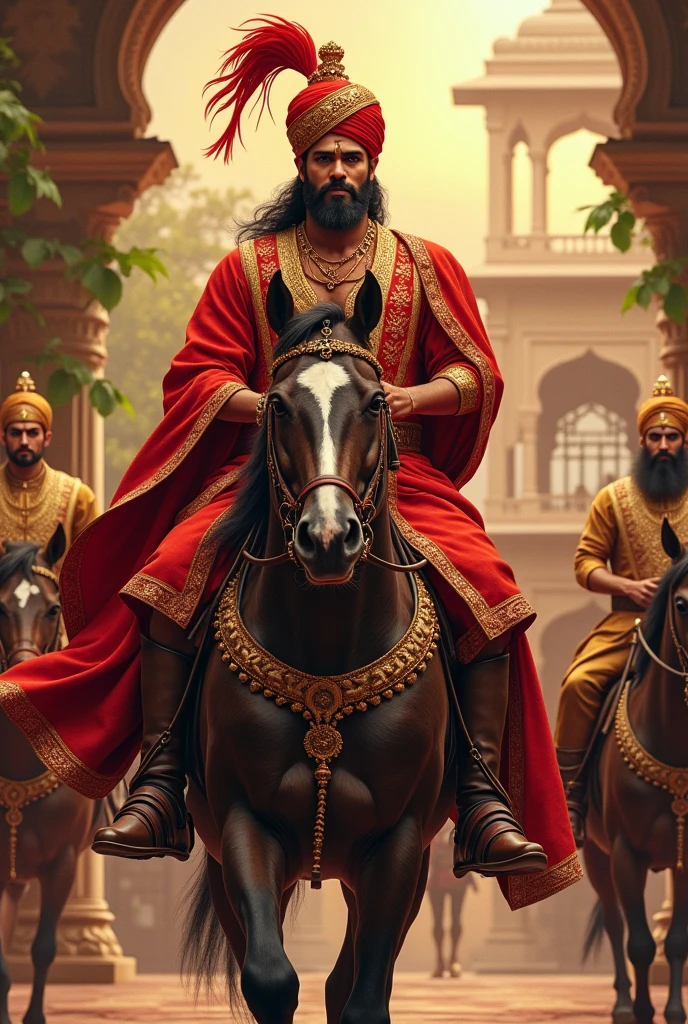 A Rajput king riding on horse, background midiyam size mantion, 2d potrait images by sides