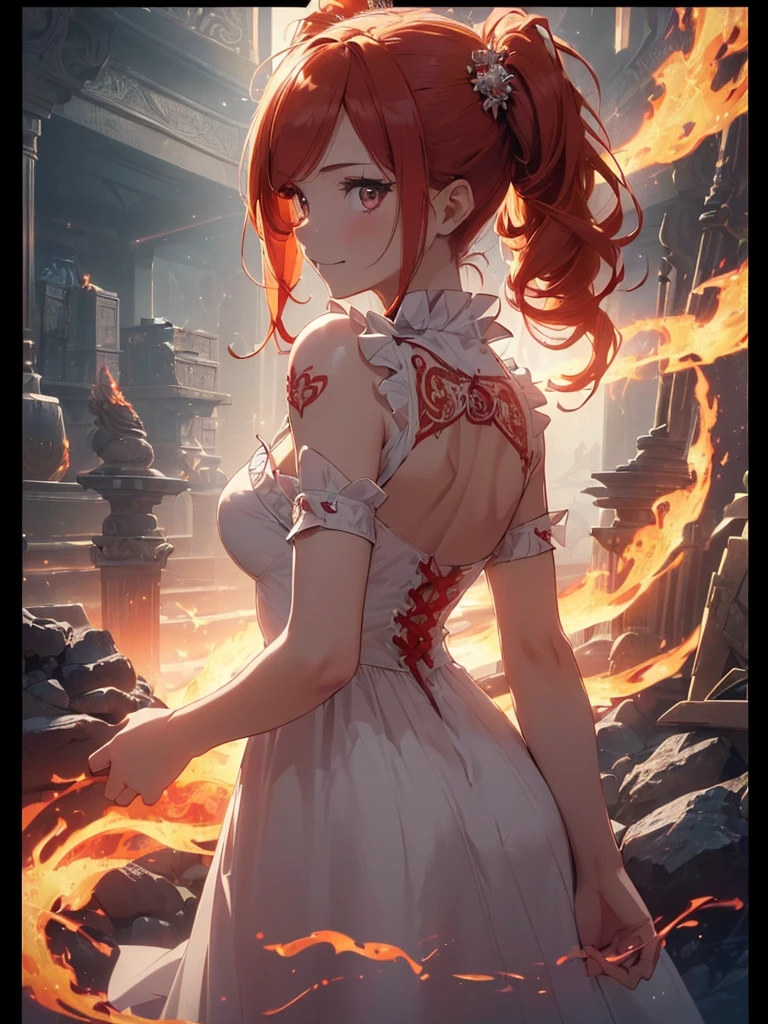 (((best quality, sharp image, clear image, cinematic lighting, 8k resolution, masterpiece, ultra detailed, intricate))) Girl, (((looking over left shoulder))), (shot from behind), ((half shot)), fiery red hair, pigtails, ((white dress)), ((flaming sigils, flaming runes)), spiky rock formations, (flaming lotus flowers frame), (intricate background), ((Phoenix)), (swirling flames), smiling
