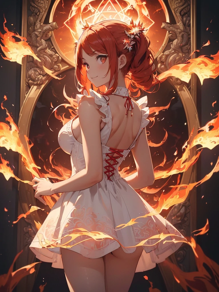 (((best quality, sharp image, clear image, cinematic lighting, 8k resolution, masterpiece, ultra detailed, intricate))) Girl, (((looking over left shoulder))), (shot from behind), ((half shot)), fiery red hair, pigtails, ((white dress)), ((flaming sigils, flaming runes)), spiky rock formations, (flaming lotus flowers frame), (intricate background), ((Phoenix)), (swirling flames), smiling