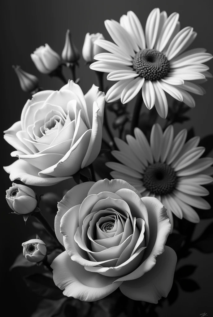 A highly detailed and realistic black and white portrait of a beautiful flowers