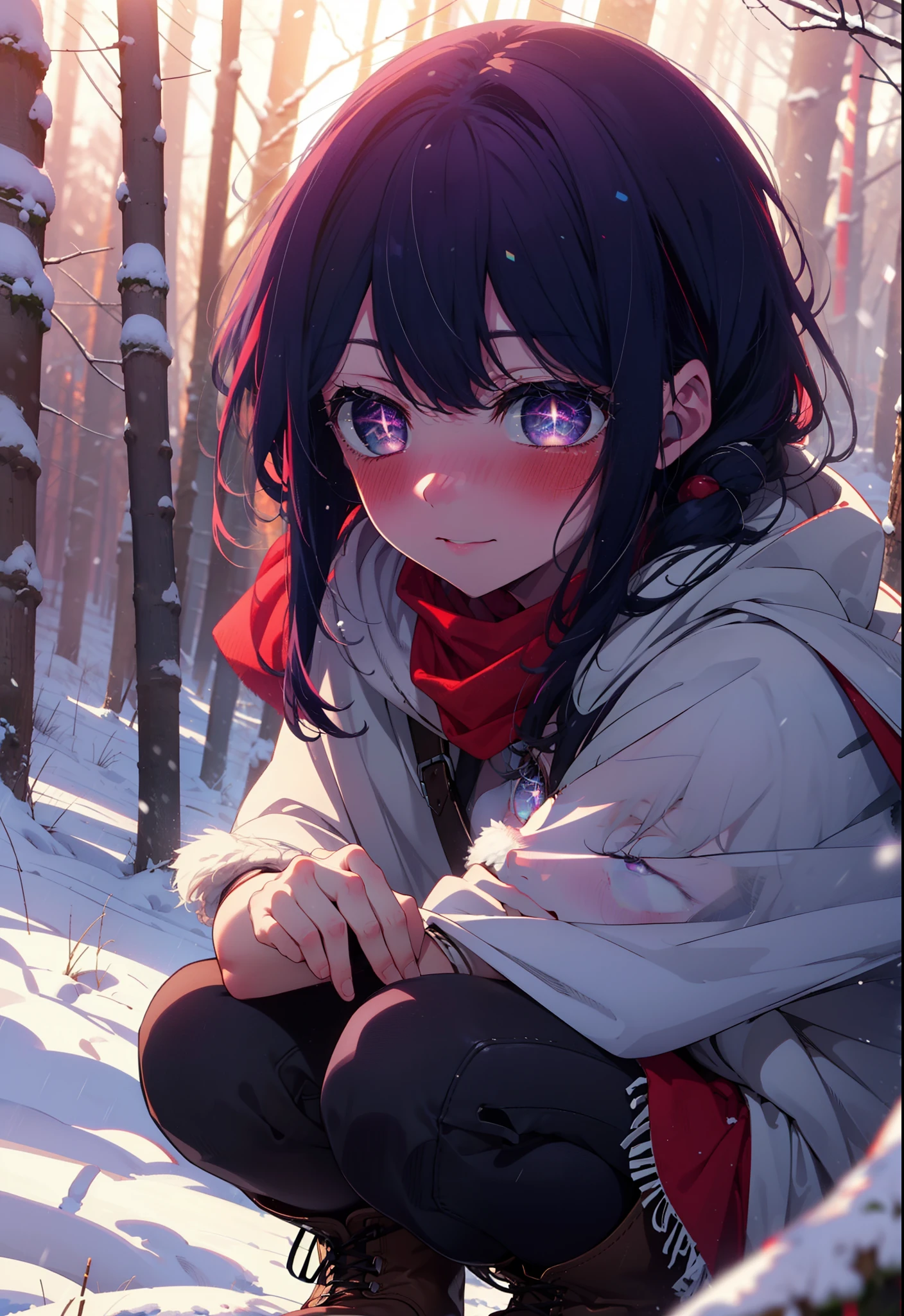 aihoshino, Ai Hoshino, Long Hair, bangs, (Purple eyes:1.1), Purple Hair, (Symbol-shaped pupil:1.5), smile,,smile,blush,white breath,
Open your mouth,snow,Ground bonfire, Outdoor, boots, snowing, From the side, wood, suitcase, Cape, Blurred, , forest, White handbag, nature,  Squat, Mouth closed, Cape, winter, Written boundary depth, Black shoes, red Cape break looking at viewer, Upper Body, whole body, break Outdoor, forest, nature, break (masterpiece:1.2), Highest quality, High resolution, unity 8k wallpaper, (shape:0.8), (Beautiful and beautiful eyes:1.6), Highly detailed face, Perfect lighting, Extremely detailed CG, (Perfect hands, Perfect Anatomy),