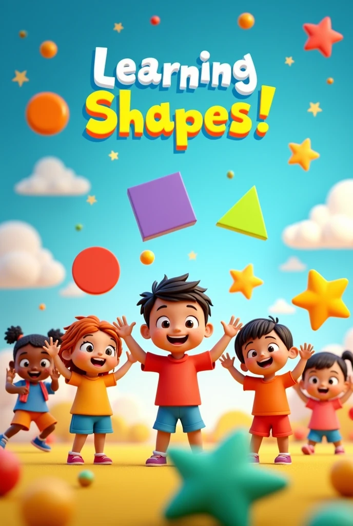 Create a vibrant 3D rendered thumbnail featuring a fun and engaging scene for a children's educational video about learning shapes. The image should include:

A diverse group of animated children (different genders and ethnicities) actively interacting with various shapes.
Colorful, oversized shapes (like circles, squares, triangles, and stars) floating around the children, making them look like they are playing with or learning about them.
A cheerful, playful background with bright colors and perhaps some simple, whimsical elements like clouds or stars.
Bold, easy-to-read text at the top or bottom of the image saying "Learning Shapes!" in a playful, kid-friendly font.
Make sure the overall style is bright, engaging, and appealing to a young audience.