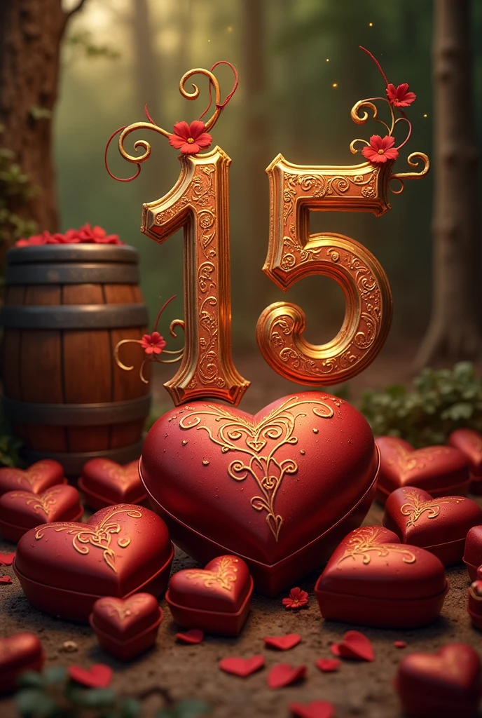Make an image with a love and Warcraft theme that has the text: "15" in Spanish. That they look like heart-shaped boxes of chocolates, custody, keg of beer, letters and weapons/ hachas that represent World of Warcraft