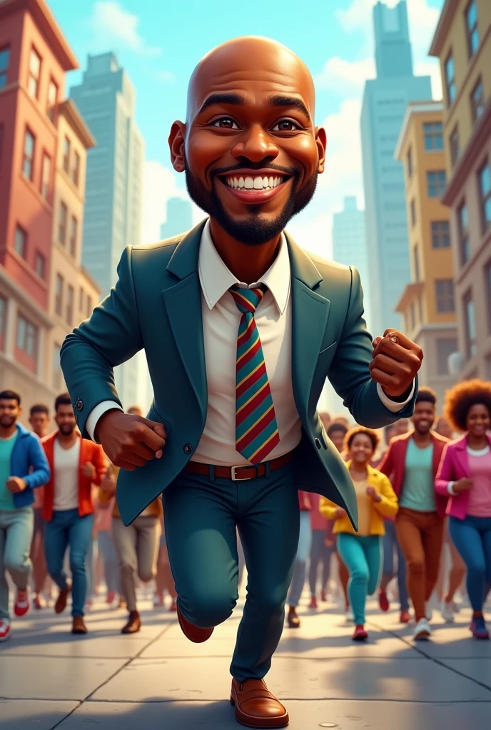 70kg black man, baldie, beardless 1,70m tall wearing councilman clothes running with people around caricature style