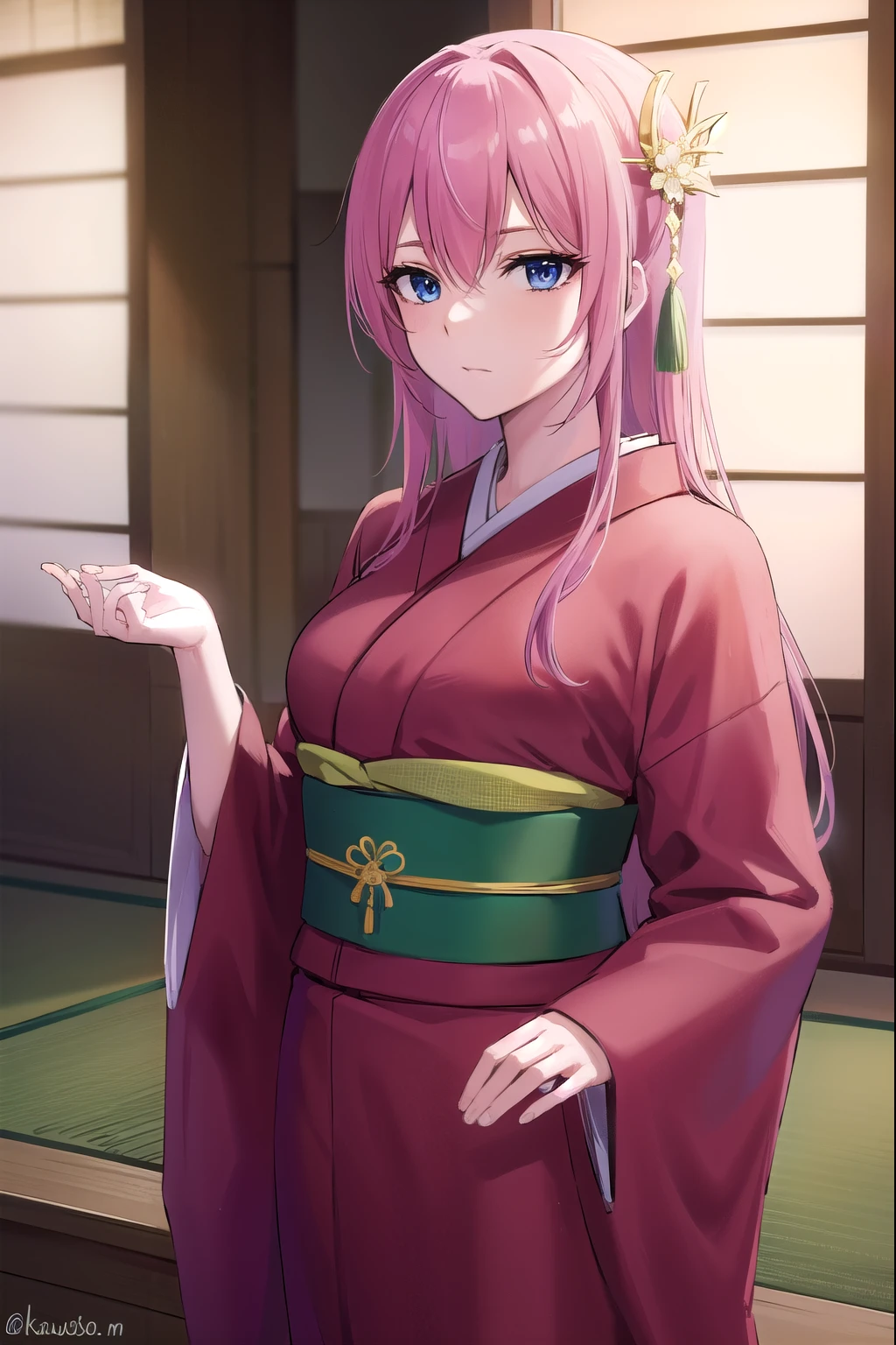 kayosudou, kayo sudou, blue eyes, pink hair, long hair, BREAK flower, flowes, green sash, hair ornament, japanese clothes, kimono, obi, red kimono, sash,
BREAK cowboy shot, looking at viewer,
BREAK indoors,
BREAK (masterpiece:1.2), best quality, high resolution, unity 8k wallpaper, (illustration:0.8), (beautiful detailed eyes:1.6), extremely detailed face, perfect lighting, extremely detailed CG, (perfect hands, perfect anatomy),