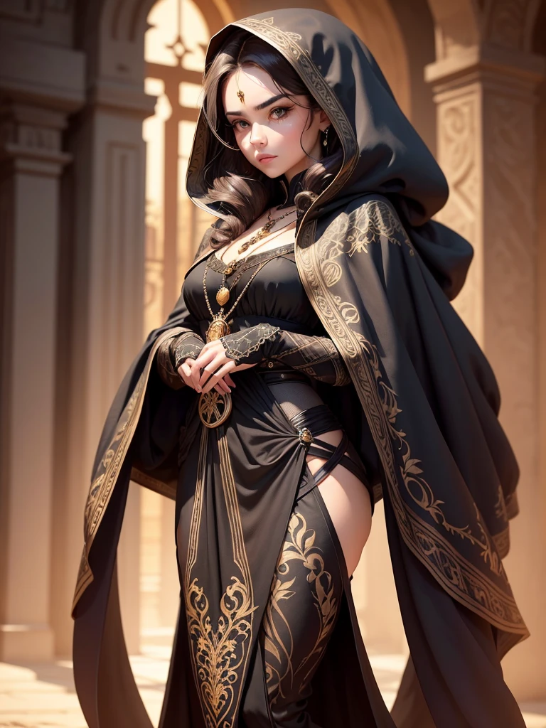 Here’s a detailed description

**Physical Traits:**
- **Height:** Average
- **Build:** Hourglass figure
- **Skin Tone:** Olive
- **Hair:** Long, brunette, silky, with soft curls and wavy texture
- **Eyes:** Brown, almond-shaped, not too small or too big, with an upturned shape that accentuates her long lashes and full eyebrows
- **Face Shape:** Oval with a pointy jawline

**Clothing and Style:**
- **Everyday Wear:** A dramatic, black cloak adorned with intricate gold embroidery, reminiscent of designs from the "Shadow and Bone" series. The cloak adds a touch of elegance and mystery to her appearance.
- **Accessories:** A treasured necklace given to her by her father. It features an ancient and intriguing pendant with delicate, intricate designs and symbols, hinting at its storied past and carrying a sense of mystery and significance.
- **Footwear:** Black boots with matching gold embroidery, complementing the cloak and adding a cohesive, stylish flair.

**Expression and Demeanor:**
- **Facial Expression:** Serious and cold, yet with a subtle gentleness that hints at her underlying kindness.
- **Posture:** Confident, often leaning back, which conveys a relaxed assurance.
- **Mannerisms:** Demure and polite in her interactions, with a mindful and intelligent presence that adds depth to her character.

