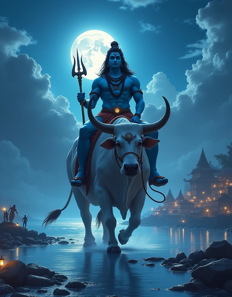 a powerful muscular lord shiva sitting on a giant muscular cow nandi, blue tinted night sky with cloudy moon, lord shiva holding trishul, nandi walking on water, tiny buildings, tiny human, fantasy landscape, (best quality,4k,8k,highres,masterpiece:1.2),ultra-detailed,(realistic,photorealistic,photo-realistic:1.37),dramatic lighting,cinematic composition,intricate details,vibrant colors,mystical atmosphere,