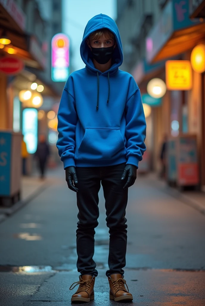 Boy wearing blue hoodie and black pants brown shoes with mask on and fingerless gloves